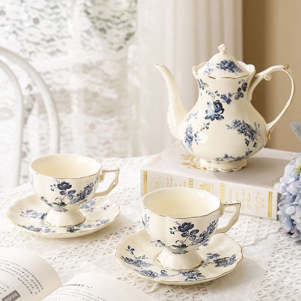 Blå Tekopper og Underkopper Sæt 1, Blomster Kaffe Kop med Underkop