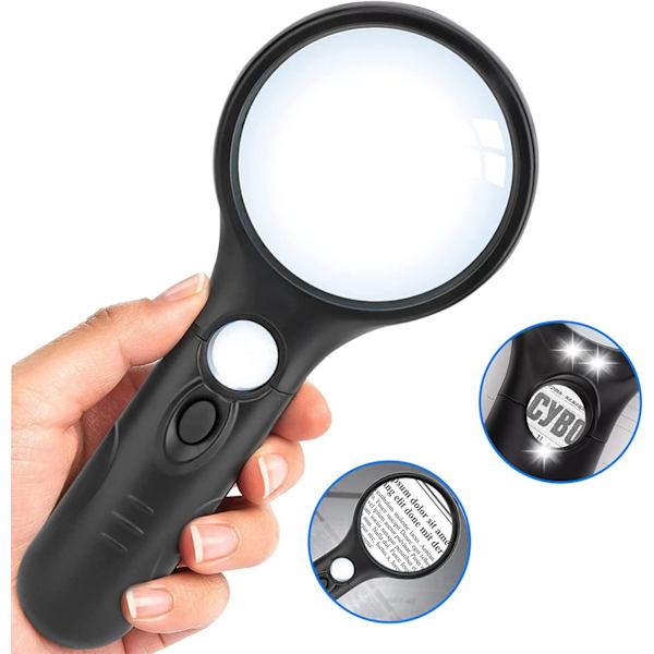 3 LED-upplyst förstoringsglas, 3X 45X förstoringsglas - 75 mm läsglas med ljus för läsning, inspektion, hobby, urmakare, mynt, smycken (svart)