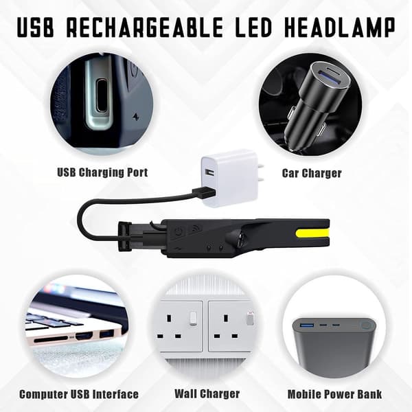 5-i-1 USB-oppladbar vanntett LED-hodelykt med løping, camping, kjøring