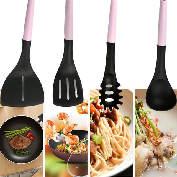 Rosa nylon-spatel, non-stick-panne, spesial matlagingssil, stekespatel + flat bunnspatel KLB