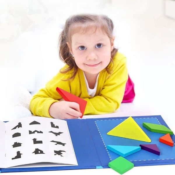 Tangram Magnetiskt Pusselbok, Barns Pussel Geometriska Block Solid Wood KLB