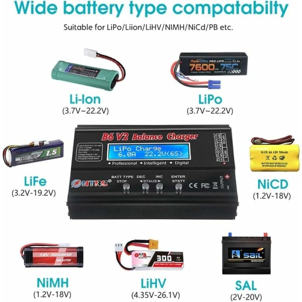 HTRC B6V2 Lithium-ion-oplader Sort 80W 6A, 1S-6S digital oplader, Til Lipo/Li-ion/LiFe/NiCd/NiMH/LiHV/PB Smart Rc Bilbatteri KLB