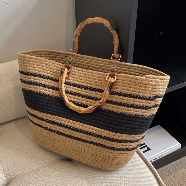 Woven large tote bag, bamboo handles, handwoven