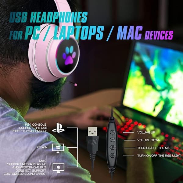 Trådbundet spelheadset 3,5 mm öronmuffar LED-ljus söt katt rosa