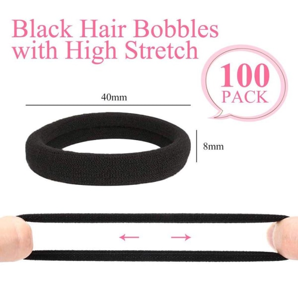Pakke med 100 svarte hårbånd, svarte myke elastiske hårbobler
