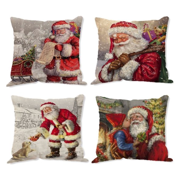 4 stk juleputetrekk i bomullslin, 45x45cm, juleputetrekk med julemotiv, søte tegneseriefigurer, juledekorasjon for biler, sofaer
