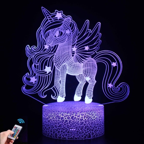 Væglamper 3D Unicorn Night Light 16 Farveskiftende 3D Lampe med Fjernbetjening Jul KLB