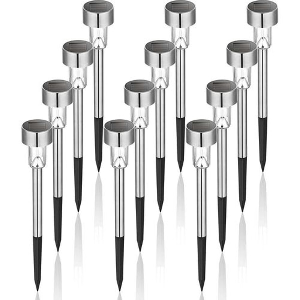 Sett med 12 LED solcellelamper i rustfritt stål