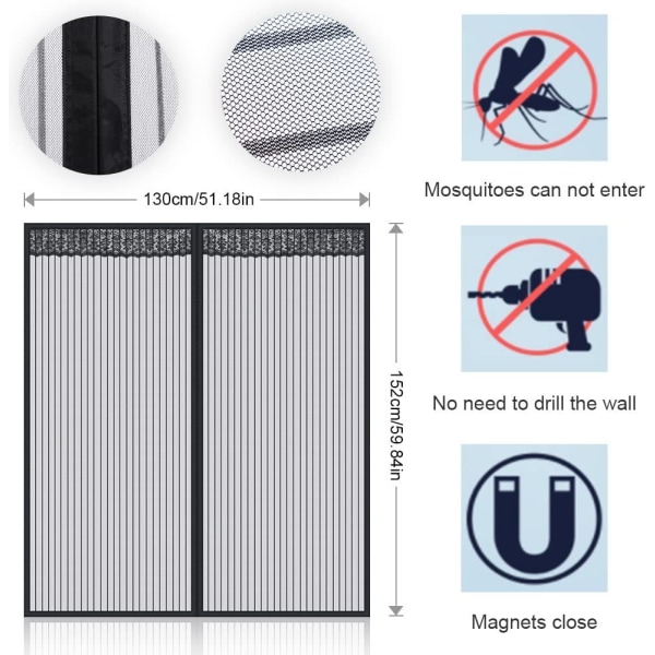 Ett sett (svarte striper, bredde 130*høyde 150cm) magnetisk myggnetting, vindusgardiner mesh beskyttende nett myggnetting myggnetting myggnetting