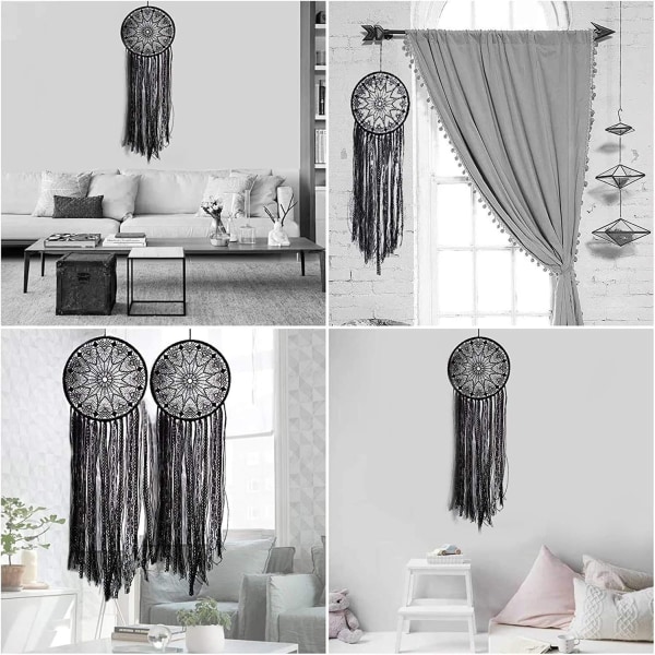 Handgjord svart drömfångare - Stor boho drömfångare med svart macrame - Väggdekoration för bil, bröllop, hem, sovrum,-