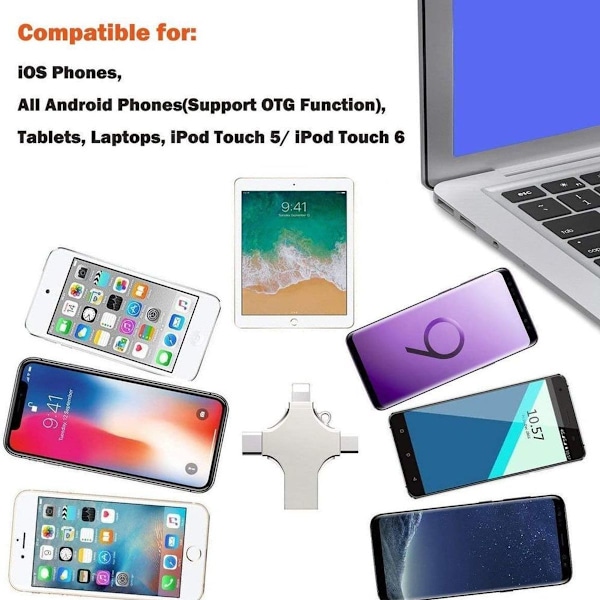 Ulkoinen muisti iPhonelle, USB-muistitikku 32/64/128 Gt, 4-in-1 USB-muistitikku