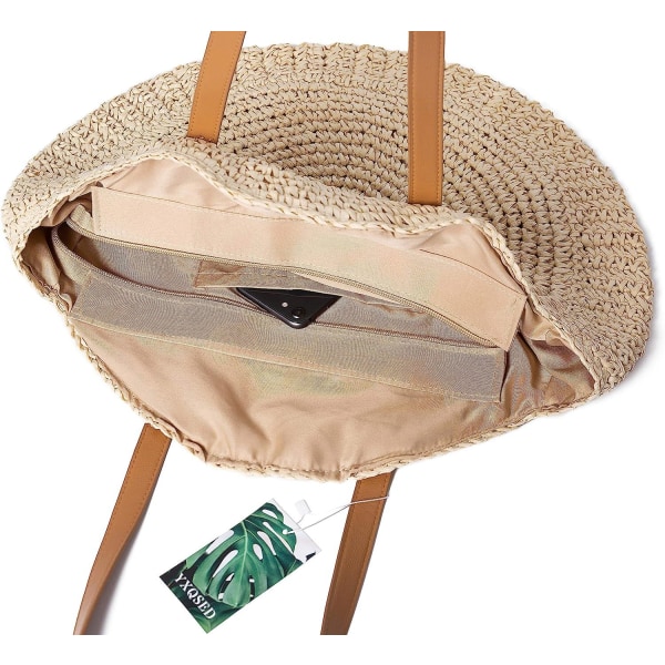 rund vävd väska i Beige halm-stor storlek sommar strandväska för kvinnor Rese boho stråväska