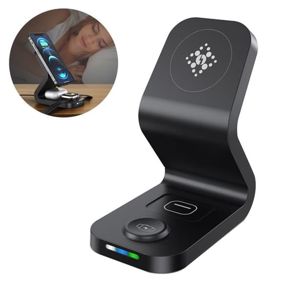 Magnetisk trådløs oplader, 3 i 1 15W trådløs oplader sort