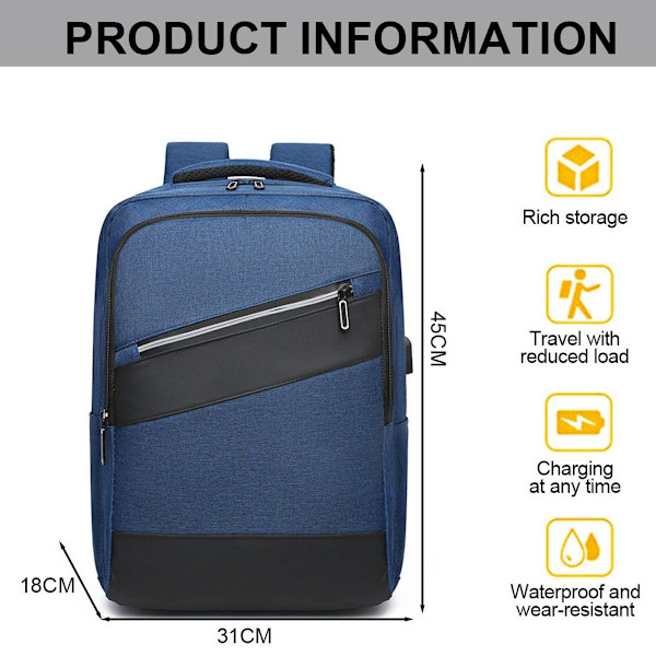 Laptop-ryggsäck, affärsryggsäck med USB-laddningsport, blå