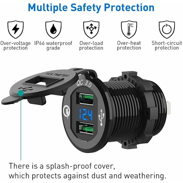 Motorsykkel USB-lader QC3.0 USB-billader Hurtiglading for 12V 24V Bil Båt Motorsykkel SUV Truck Caravan Marine KLB