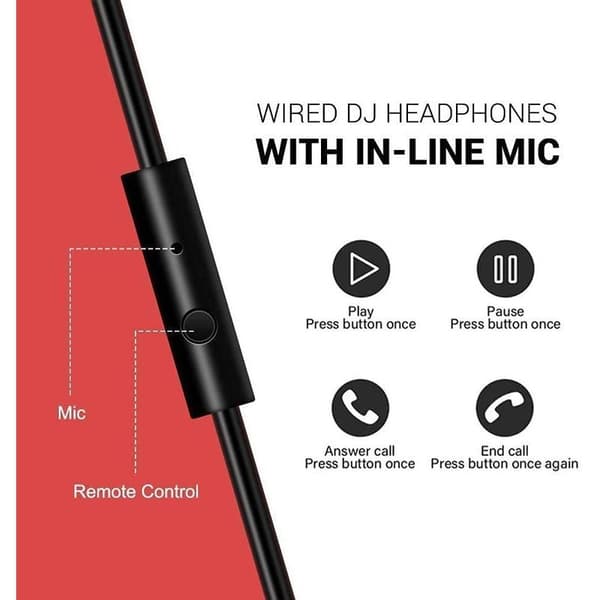 Over-ear-hovedtelefoner med kabel, 50 mm driver, baslyd, sort rød