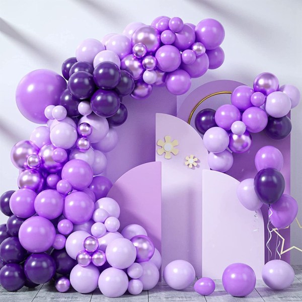 Lilla ballongsett, 109 stykker lilla ballongbuekranssett, med lilla metallballonger, Makaron lilla syrin lateksballongsett, brukt til innredning