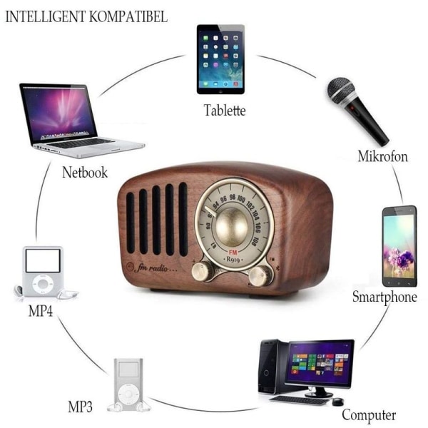 Retro radio med Bluetooth-højttaler, Aooeou radio vintage lille valnøddetræ