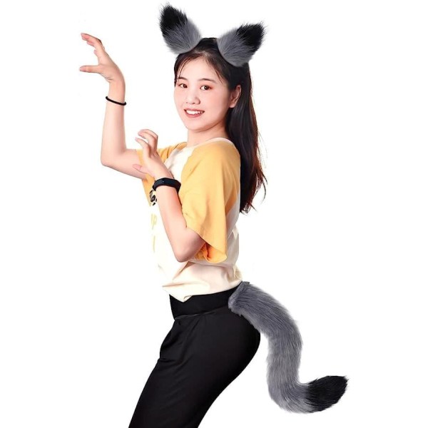 65cm Cosplay Animal Ears Tail Set Wolf Ears Tail Costume Handmade Fox Wolf Ears Halloween Costume Cosplay Head Accessories Fox Ears,Grey,One Size