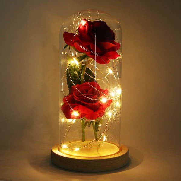 Træbase, glaskuppel, kunstig roseblomstlampe i plast KLB