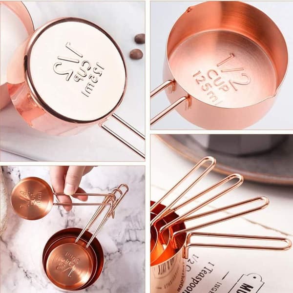 Set med 8 rostfria måttkoppar och måttskedar i roséguld