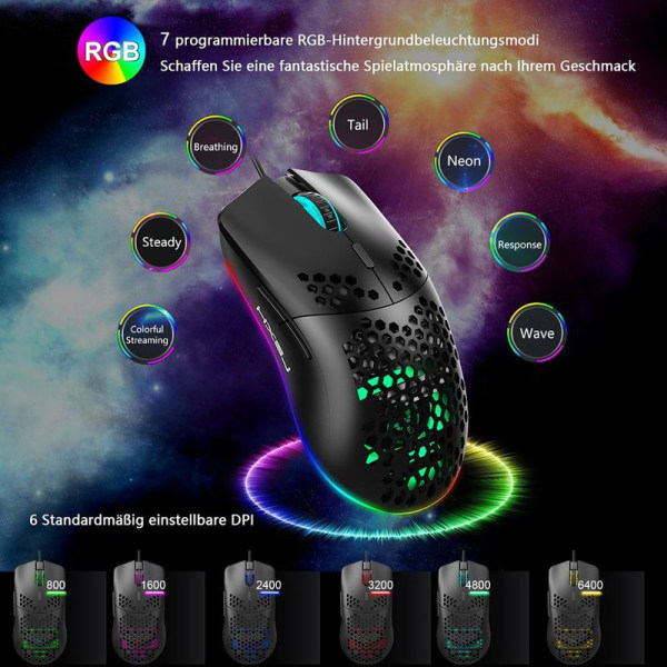 Gamingmus med 6400 DPI optisk sensor, gamingmus 6 programmerbar