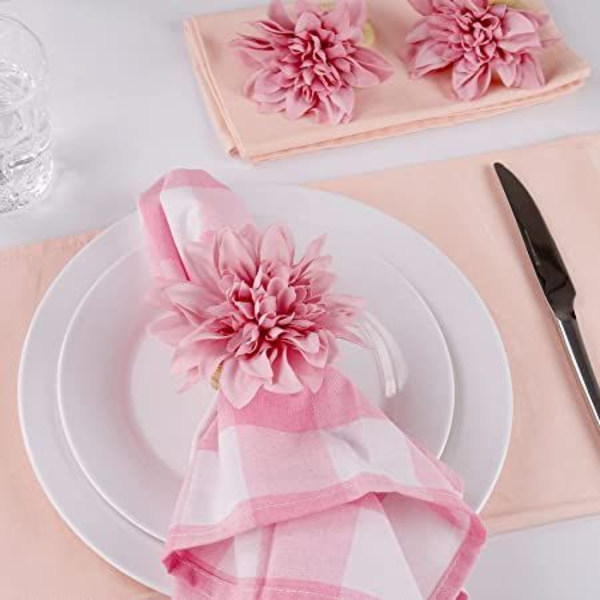 Sett med 6 håndlagde serviettringer med blomster, falsk rosa Dahlia, naturlige serviettringholdere for borddekorasjon, bryllup, Thanksgiving (Dahlia - Rosa)