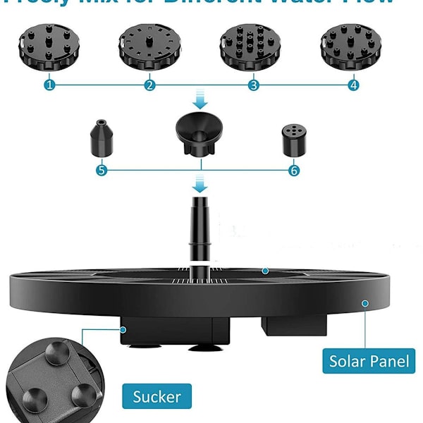 Solcellsfontänpump, solcellsfontänpump med 6 munstycken,