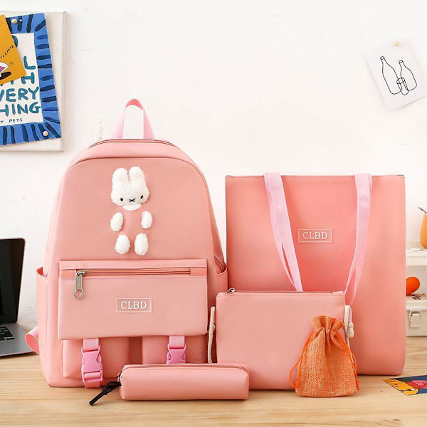 Skoleveske for elever, femdelt sett, skoleveske, jenteveske, ryggsekk, trendy, søt, frisk, liten ryggsekk - rosa