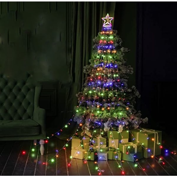 350 LED juletre lys krans med stjerne, 9*3,5 m hvit juletre lys gardin, flerfarget utendørs og innendørs juledekorasjon