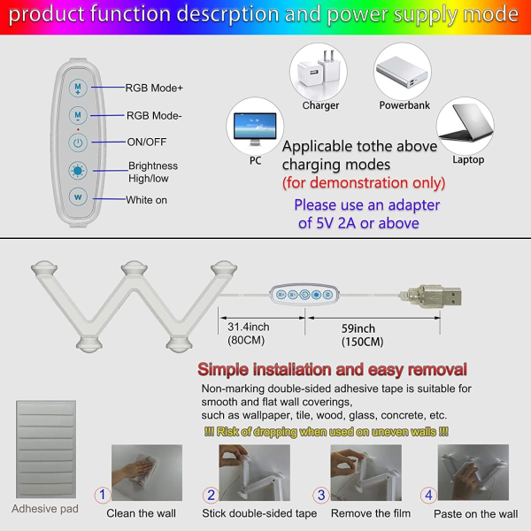 LED-nattlys, RGB-vegglampe designet i W/M-form, kan plasseres opp og ned, egnet for hjem, soverom, feriedekorasjon, fest eller innendørs stemningslys