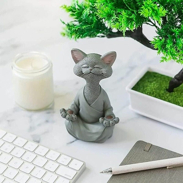 Meditaatiopatsas Cat Figurine Hartsi Harmaa Zen Jooga Koriste