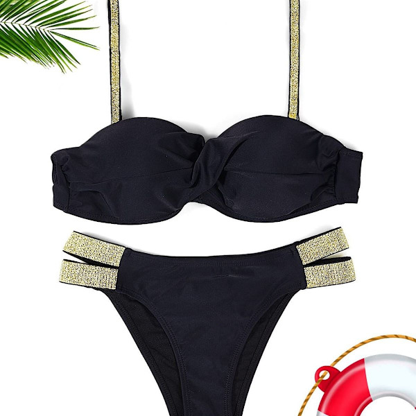 Bikini set dam push up, triangelbikiniunderdel med gyllene bälte
