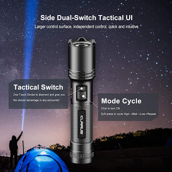 Taktisk genopladelig militær lommelygte EP10 V2 1000 lumen LED USB C lommelygte - 3 tilstande Vandtæt IPX6 - Til camping, udendørs, nødsituationer