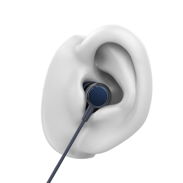 Hovedtelefoner i øret - kablede øretelefoner med mikrofon og bas, blå