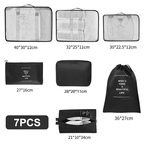 290T dobbeltsidet twill stof, 7 sæt opbevaringsposer, rejse sort