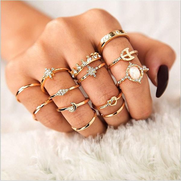13-delars ringset för kvinnor, knogringar, guld, bohemiska ringar för flickor, KLB