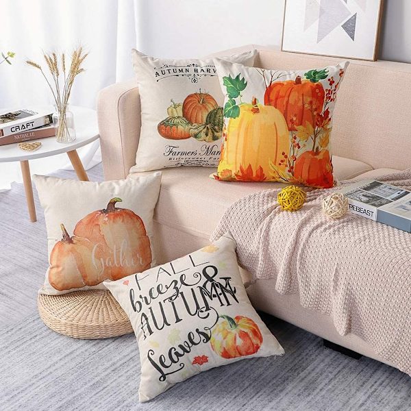 Thanksgiving Day putetrekk, sett med 4 høst bomull og lin dekorative putevar sofa bil hjem dekor putetrekk 45x45 cm (gresskar-B)