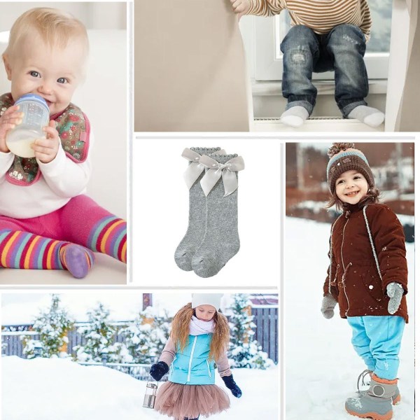 Par med lysegrå babystrømper med sløyfe høst/vinter 15-17 cm KLB