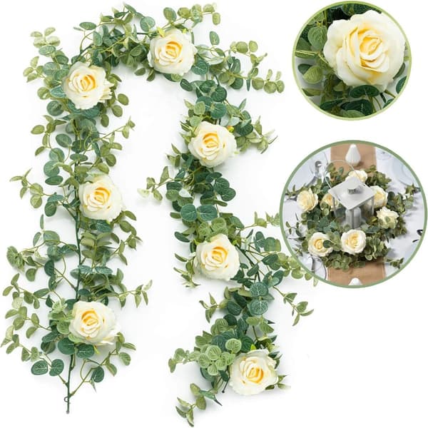 Kunstig Eucalyptus Blomsterguirlande Champagne Roser 6ft Lang Kunstig KLB