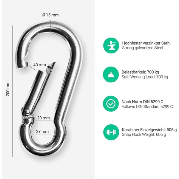 Karbinhake I 15mm 6XL 700kg I Säker och enkel fastsättning av hängstolar, hängmattor, gungor, boxningssäckar, markiser och många fler KLB