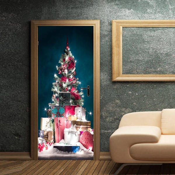77x200 cm Ovitarttu B Itsekiinnittyvä Ovijuliste 3D Joulupukki Antaa Lapsille Joululahjoja Vinyyli Ovijuliste Seinätarra Taidekoriste
