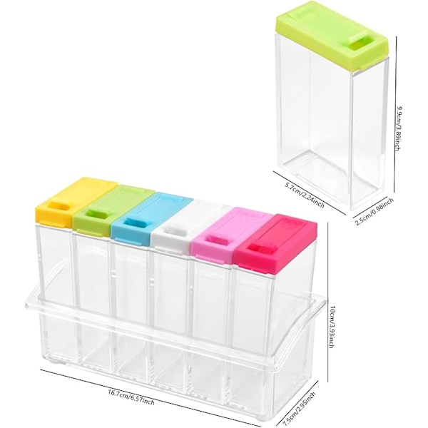 Set med 6 plastkryddburkar, transparent kryddburk med bricka