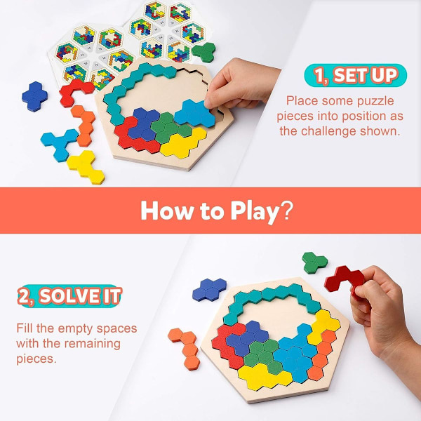 Træ Hexagon Puslespil - Form Blok Tangram Hjerne Teaser Legetøj Geometri KLB
