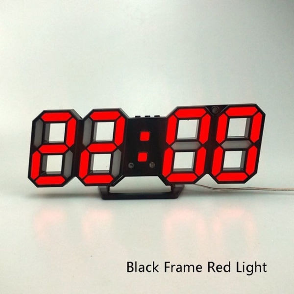 6609 3D Stereo LED-väckarklocka Vardagsrum 3D Väggklocka Svart Ram Rött Ljus