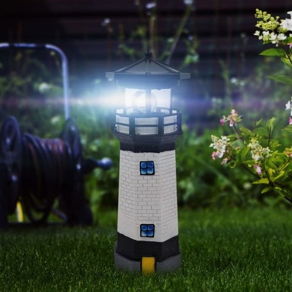 Udendørs havedekoration solfyrtårn harpiks LED roterende lys (sort &