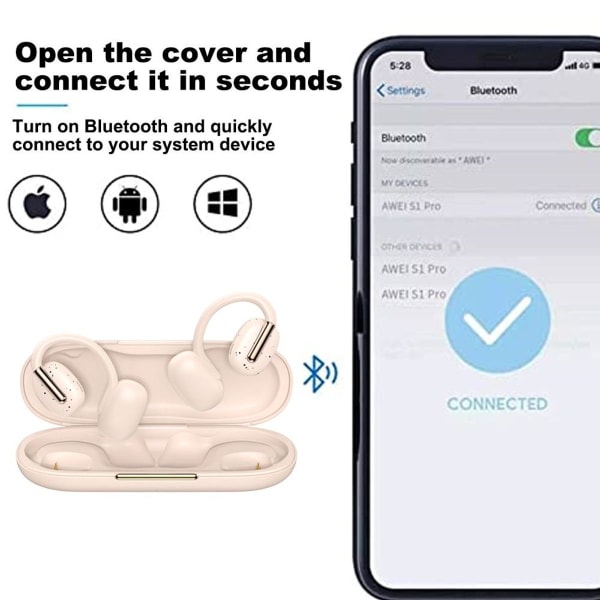 Open Ear trådløse hodetelefoner, Bluetooth 5.3 ørepropper med hvit