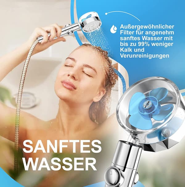 Dusjhode med slange og filter mot kalk og hardt vann, vannsparende