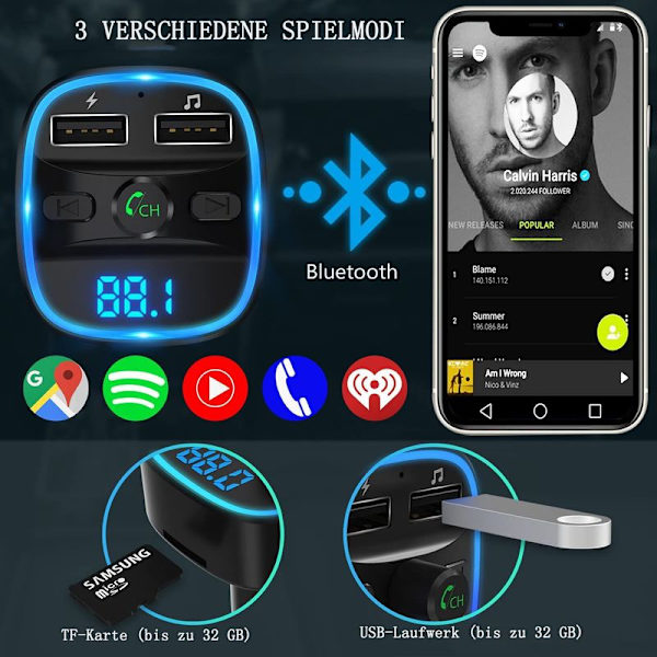 Bluetooth FM-sender til bil, radioadapter Bluetooth-sender til bil