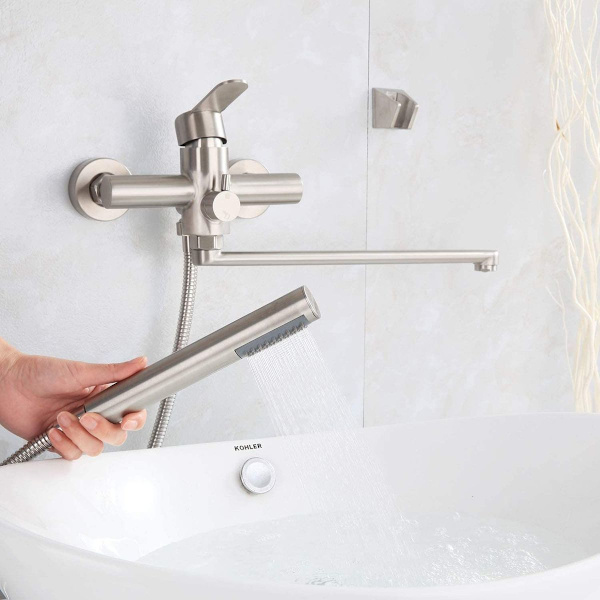 Badekar blandebatteri, badekarkran med hånddusj, rundt enkeltgreps veggmontering